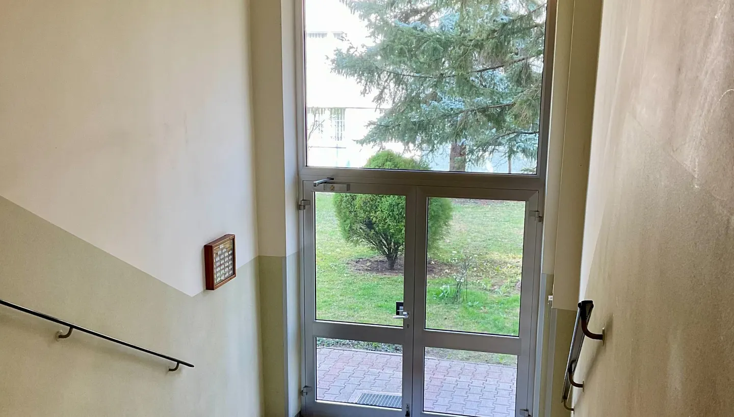 Eingangsbereich eines Wohnhauses mit verglaster Tür zum Garten.